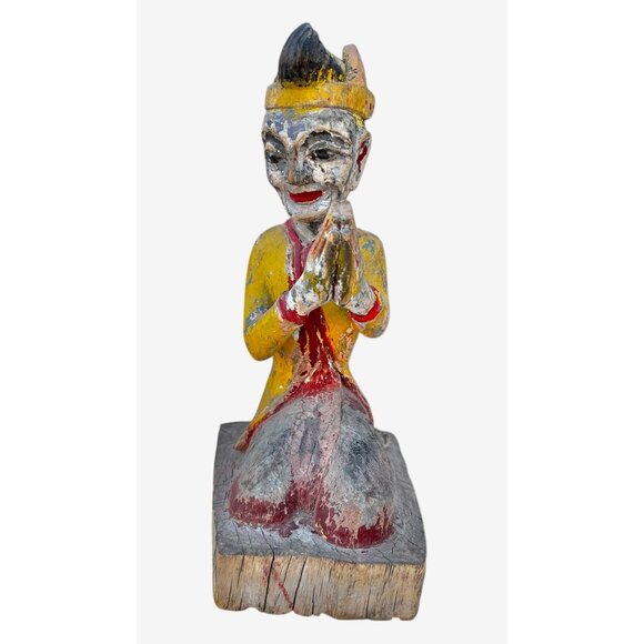 Antique Hand-Carved Wooden Kneeling Monk Statue With Praying Hands - Picture 3 of 16